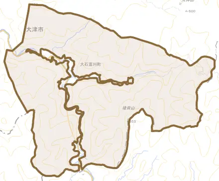 大石富川町とその周辺の地図。町の範囲を重ねている