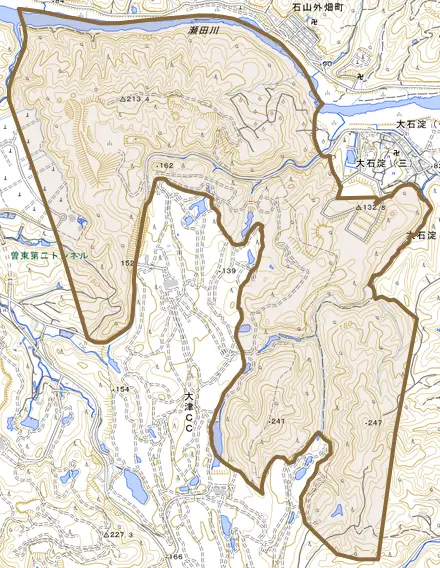 大石淀町とその周辺の地図。町の範囲を重ねている
