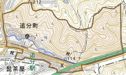 追分町とその周辺の地図。町の範囲を重ねている
