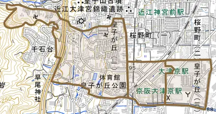 皇子が丘とその周辺の地図。町の範囲を重ねている