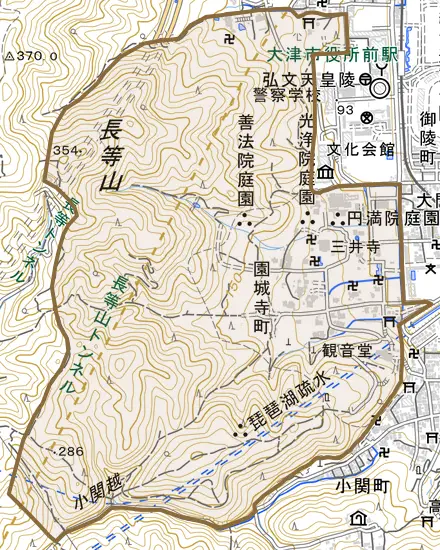 園城寺町とその周辺の地図。町の範囲を重ねている