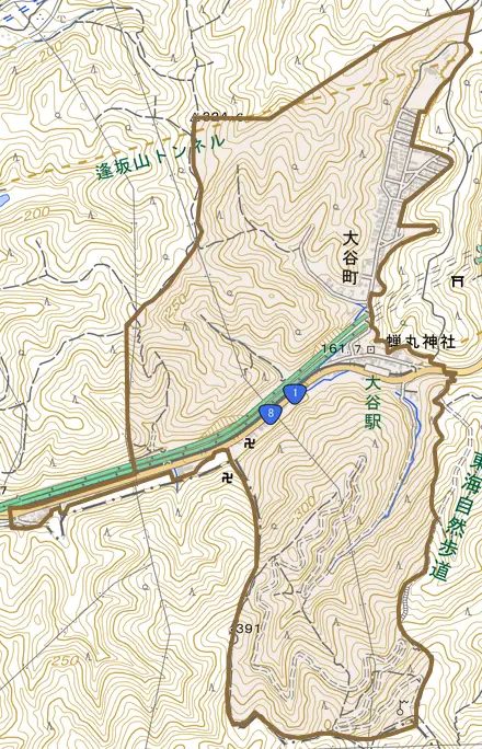 大谷町とその周辺の地図。町の範囲を重ねている
