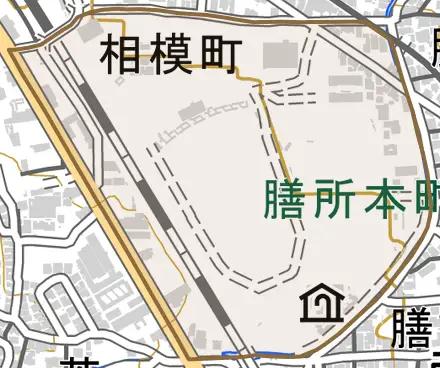 相模町とその周辺の地図。町の範囲を重ねている
