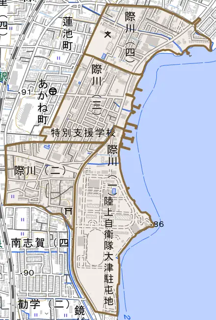 際川とその周辺の地図。町の範囲を重ねている