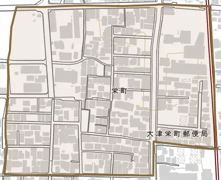 栄町とその周辺の地図。町の範囲を重ねている