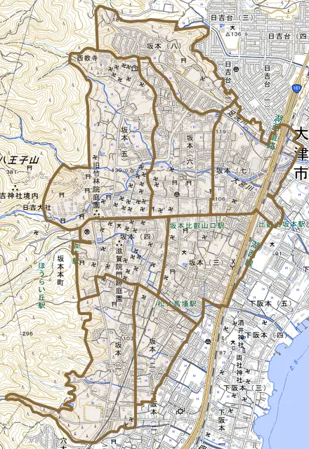 坂本とその周辺の地図。町の範囲を重ねている