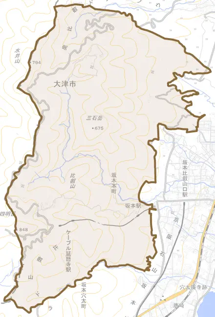 坂本本町とその周辺の地図。町の範囲を重ねている
