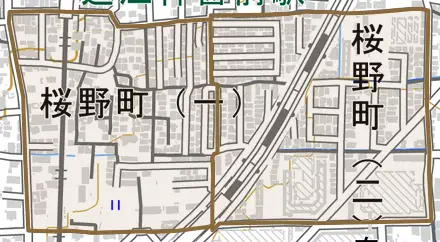 桜野町とその周辺の地図。町の範囲を重ねている