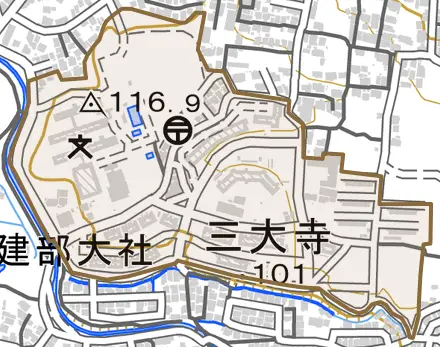 三大寺とその周辺の地図。町の範囲を重ねている