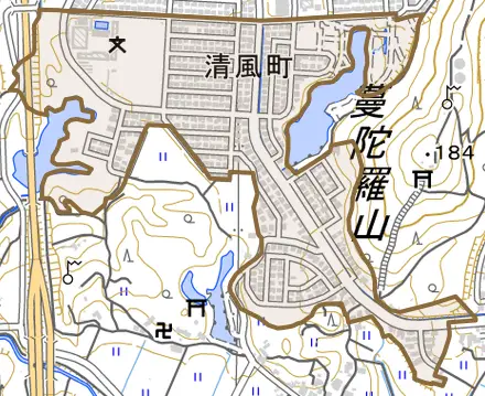 清風町とその周辺の地図。町の範囲を重ねている