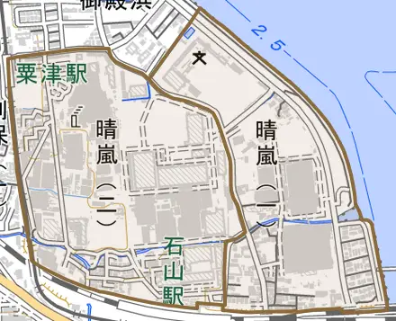晴嵐とその周辺の地図。町の範囲を重ねている