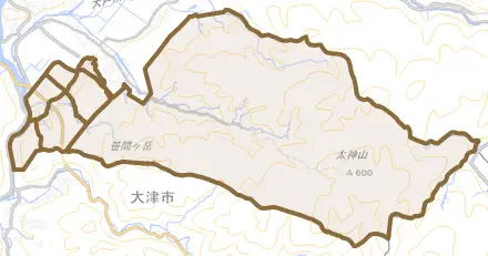 関津とその周辺の地図。町の範囲を重ねている