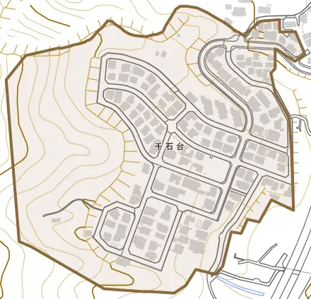 千石台とその周辺の地図。町の範囲を重ねている