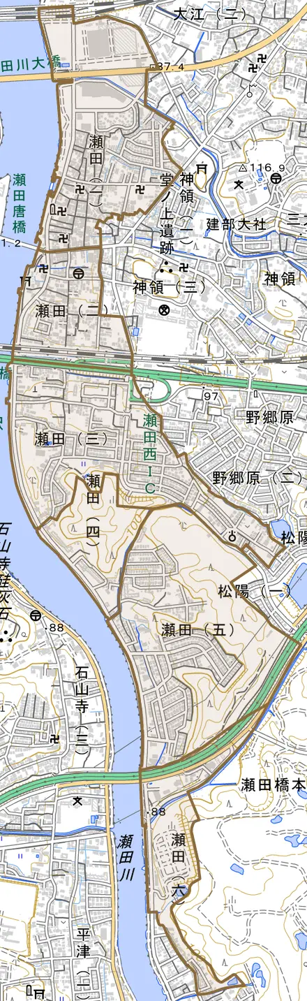 瀬田とその周辺の地図。町の範囲を重ねている