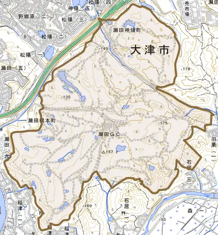 瀬田橋本町とその周辺の地図。町の範囲を重ねている