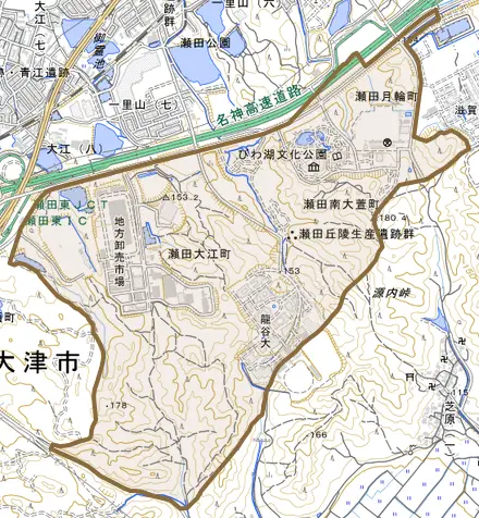 瀬田大江町とその周辺の地図。町の範囲を重ねている