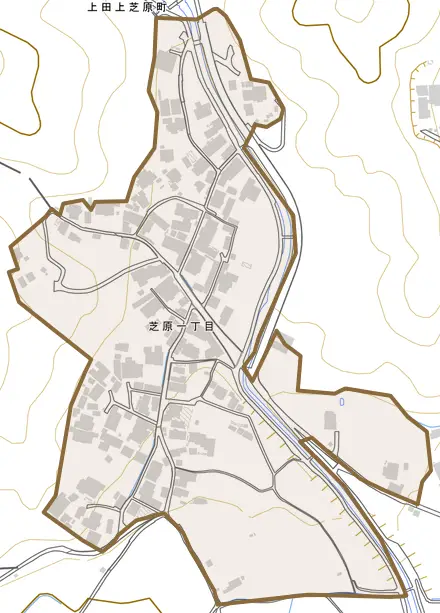 芝原とその周辺の地図。町の範囲を重ねている