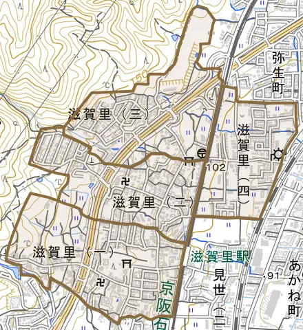滋賀里とその周辺の地図。町の範囲を重ねている