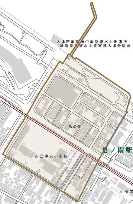 島の関とその周辺の地図。町の範囲を重ねている