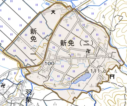 新免とその周辺の地図。町の範囲を重ねている