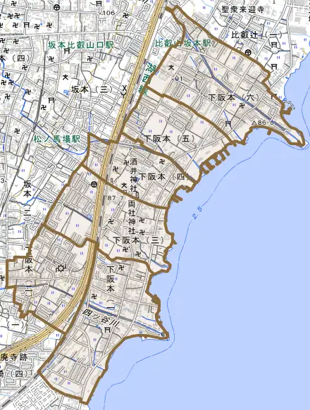 下阪本とその周辺の地図。町の範囲を重ねている