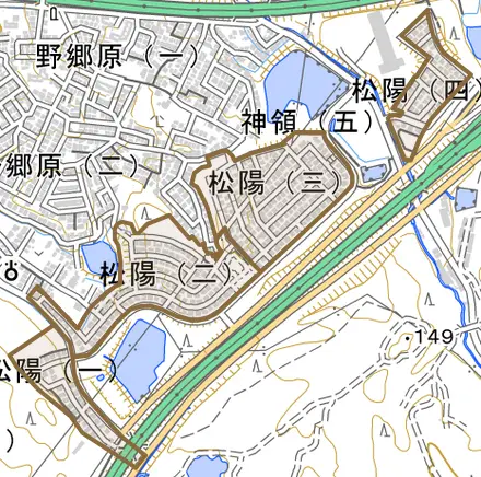 松陽とその周辺の地図。町の範囲を重ねている