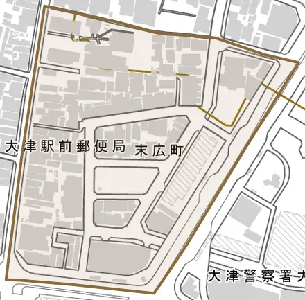 末広町とその周辺の地図。町の範囲を重ねている