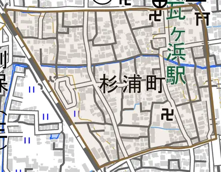 杉浦町とその周辺の地図。町の範囲を重ねている