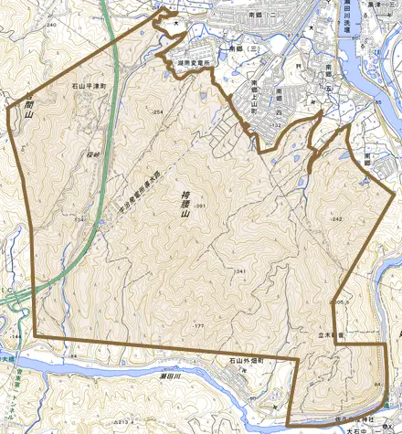 石山南郷町とその周辺の地図。町の範囲を重ねている