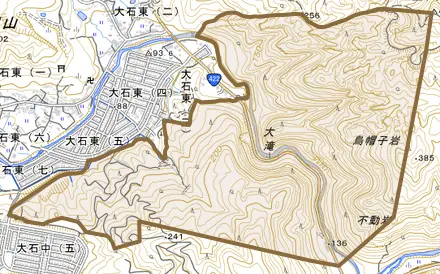 大石東町とその周辺の地図。町の範囲を重ねている