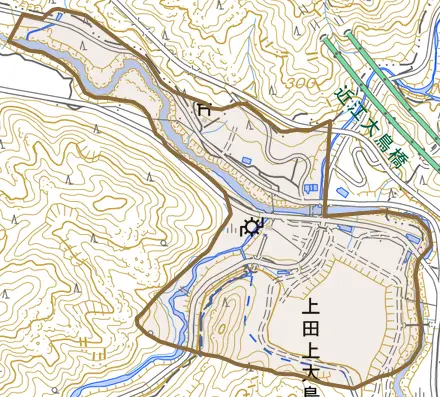 上田上大鳥居町とその周辺の地図。町の範囲を重ねている