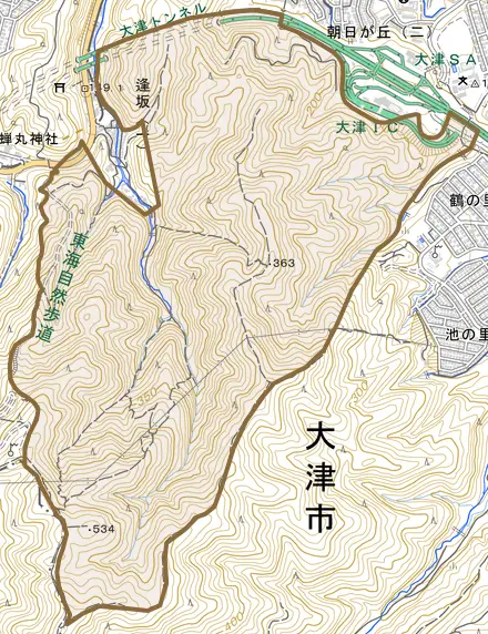 松本本宮町とその周辺の地図。町の範囲を重ねている