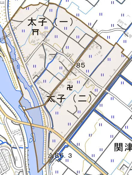 太子とその周辺の地図。町の範囲を重ねている