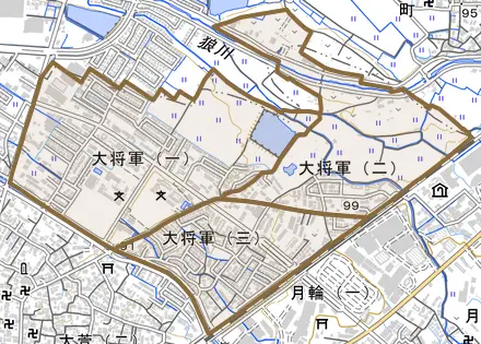 大将軍とその周辺の地図。町の範囲を重ねている