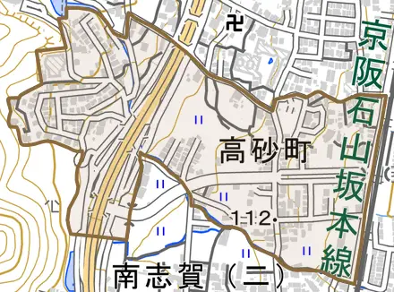 高砂町とその周辺の地図。町の範囲を重ねている