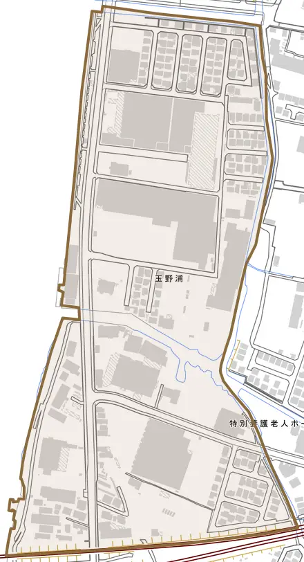 玉野浦とその周辺の地図。町の範囲を重ねている