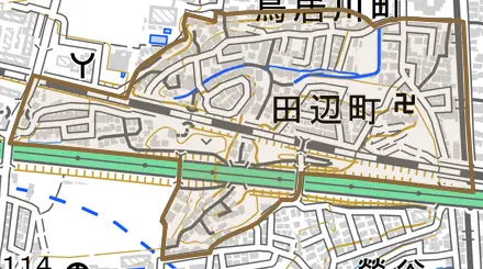 田辺町とその周辺の地図。町の範囲を重ねている