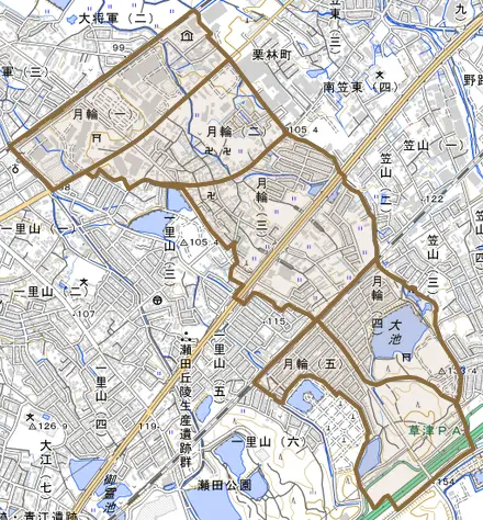 月輪とその周辺の地図。町の範囲を重ねている