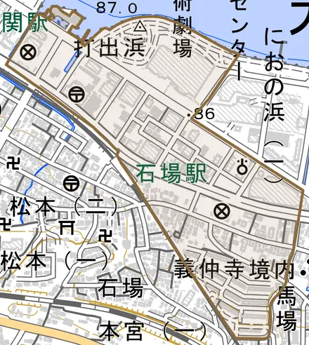 打出浜とその周辺の地図。町の範囲を重ねている