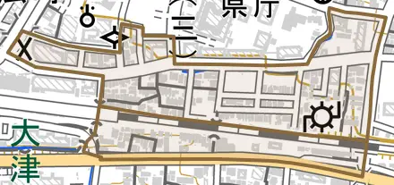 梅林とその周辺の地図。町の範囲を重ねている