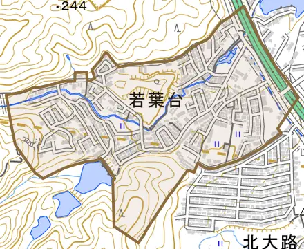 若葉台とその周辺の地図。町の範囲を重ねている