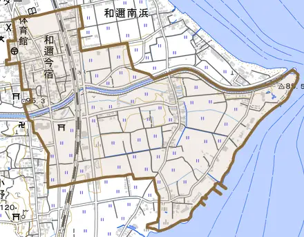 和邇今宿とその周辺の地図。町の範囲を重ねている