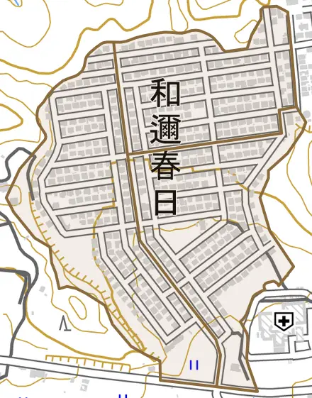 和邇春日とその周辺の地図。町の範囲を重ねている