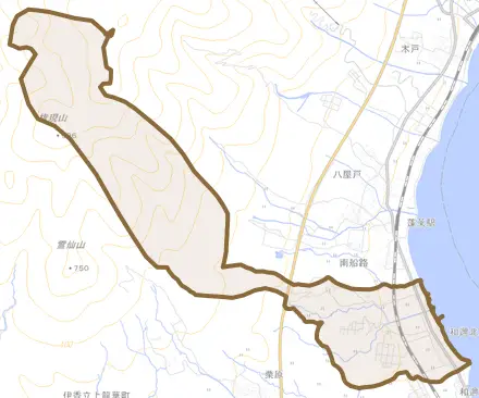 和邇北浜とその周辺の地図。町の範囲を重ねている
