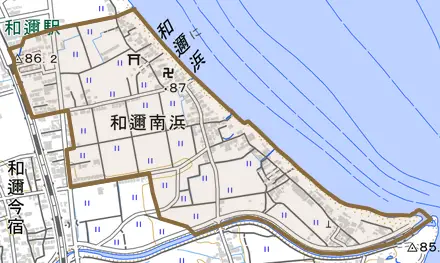 和邇南浜とその周辺の地図。町の範囲を重ねている