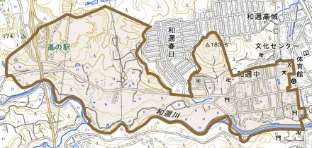 和邇中とその周辺の地図。町の範囲を重ねている
