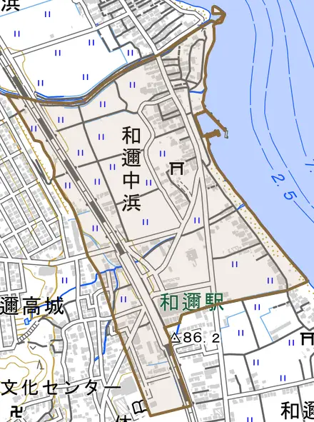 和邇中浜とその周辺の地図。町の範囲を重ねている