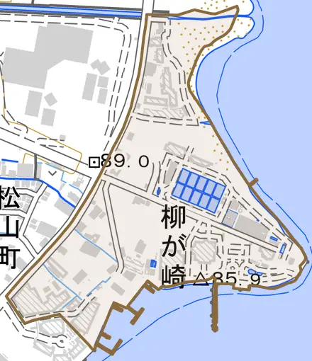 柳が崎とその周辺の地図。町の範囲を重ねている