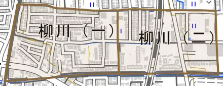 柳川とその周辺の地図。町の範囲を重ねている