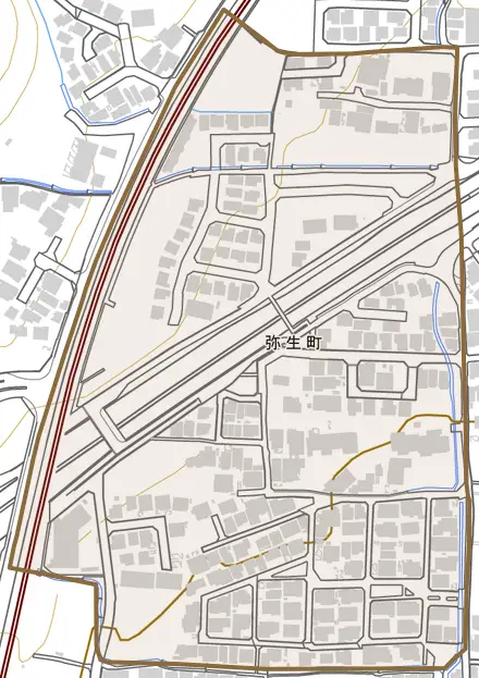 弥生町とその周辺の地図。町の範囲を重ねている